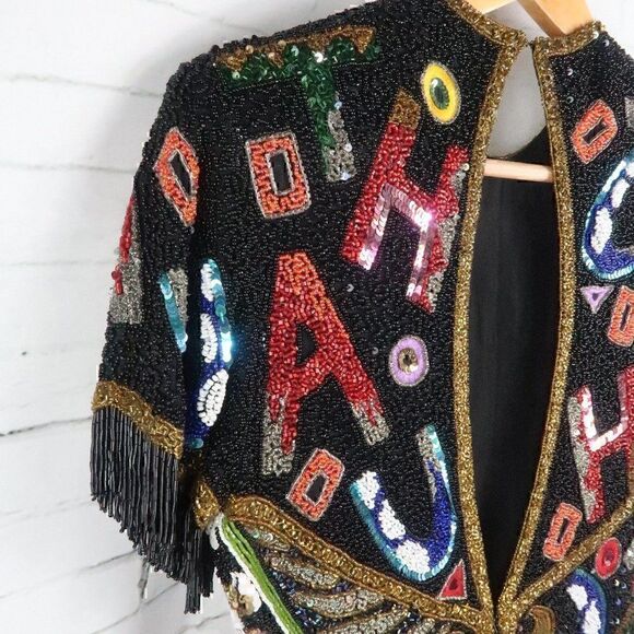 NAEEM KHAN RIAZEE VINTAGE SILK MULTI COLORED BEADED FRINGE SEQUIN PARTY DRESS - Picture 6 of 14